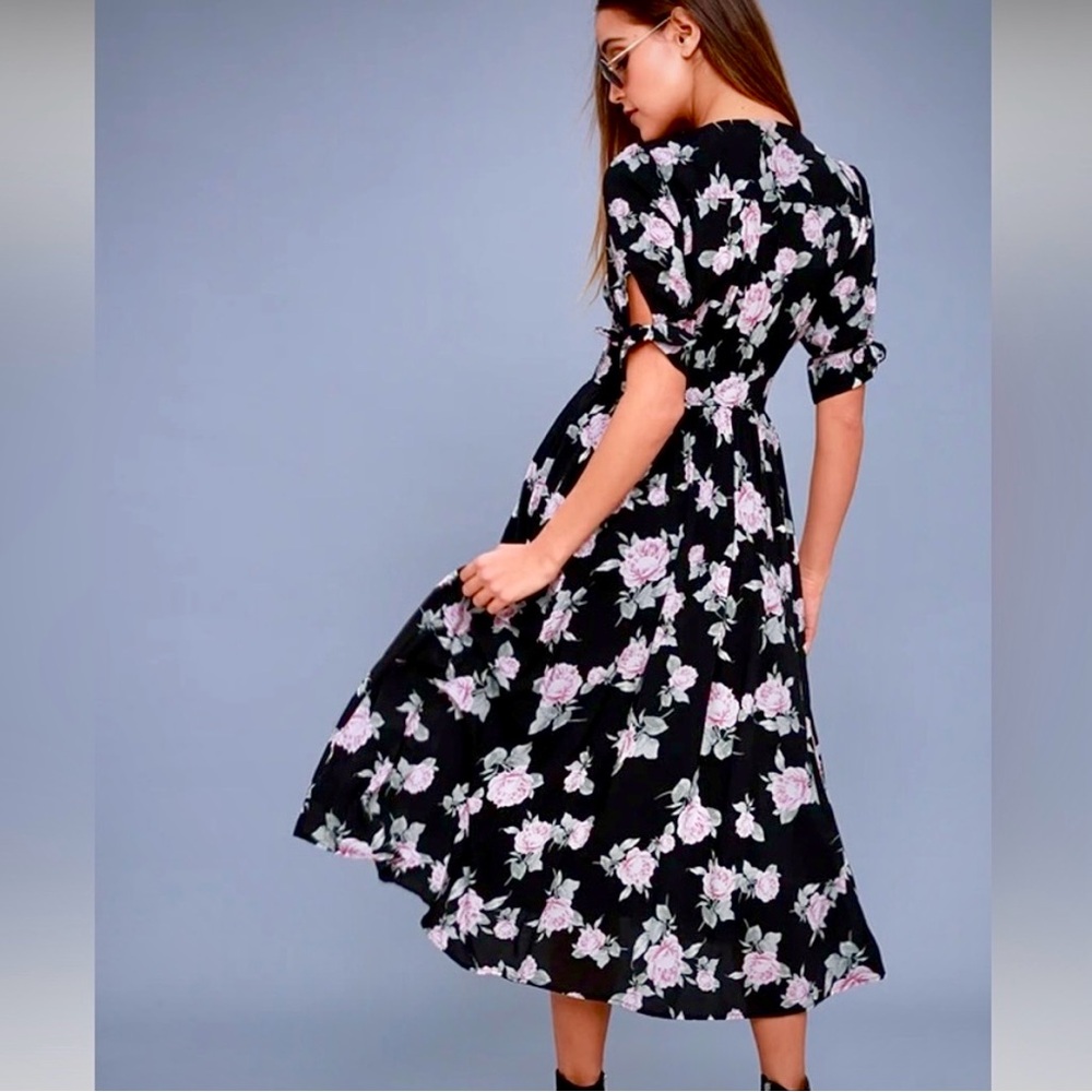 Free People LOVE OF MY LIFE Deep Vee Button Up Floral Black and Pink Midi Dress